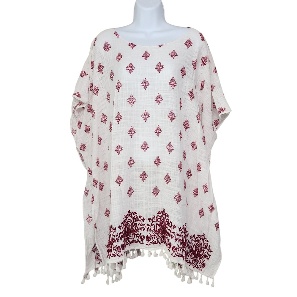 World Market Embroidered Gauze Kaftan O/S White Tassel Boho Festival Coverup